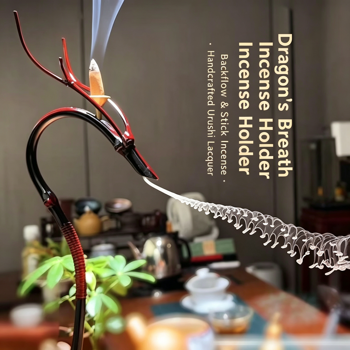 Hand-Carved Urushi Lacquer Dragon Incense Holder - Backflow & Stick Burner for Cigar Lounge