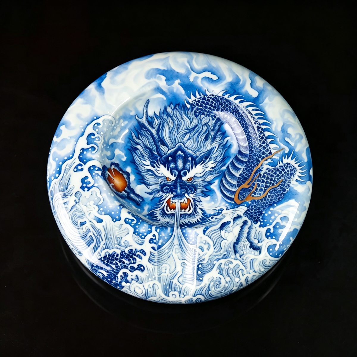 Master-Grade Heavy Hand-Painted Dragon Porcelain Cigar Ashtray - Full View