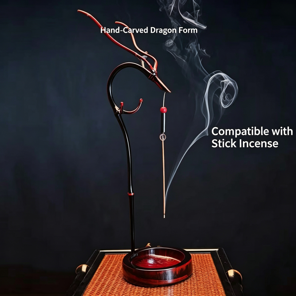 Hand-Carved Urushi Lacquer Dragon Incense Holder - Backflow & Stick Burner for Cigar Lounge