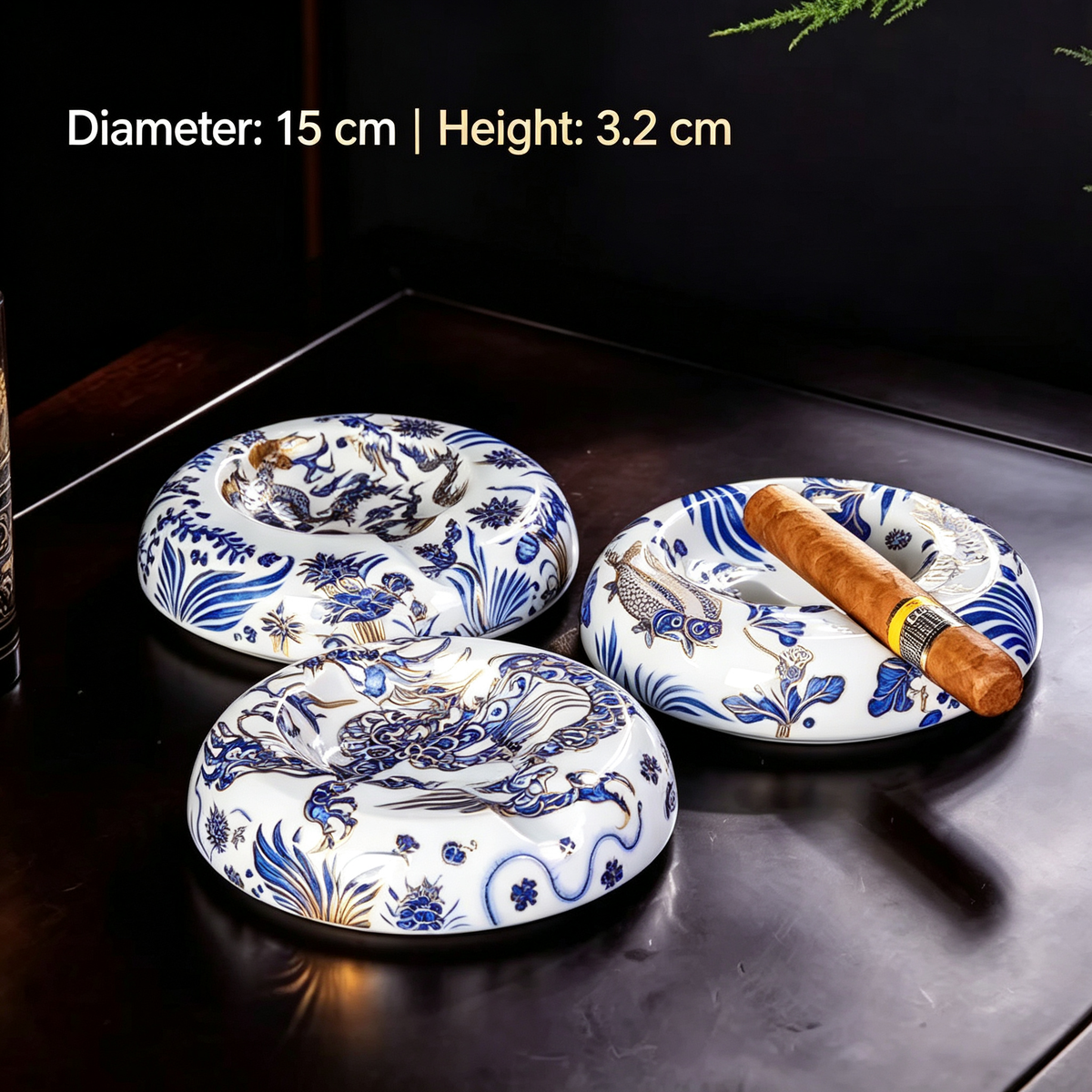 Great Dragon Cigar Ashtray with Cigar and Whiskey